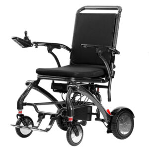 A foldable carbon fiber electric wheelchair with high-performance motors and an adjustable controller for easy mobility.