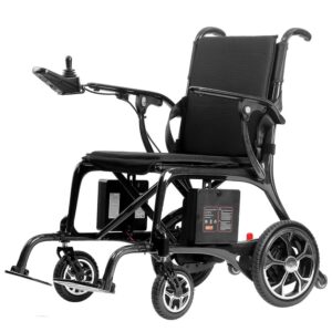 Foldable carbon fiber electric wheelchair for easy storage and transport, suitable for elderly and disabled users.