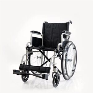 Manual wheelchair with a robust steel frame, flip-back armrests, and foldable design for easy storage and transport, ideal for healthcare environments.