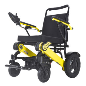 Lightweight and durable electric wheelchair with an aluminum frame, designed for outdoor use.