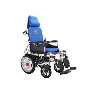 Reclining electric wheelchair with adjustable armrests, 16-inch pneumatic rear wheels, and foldable design for easy transport