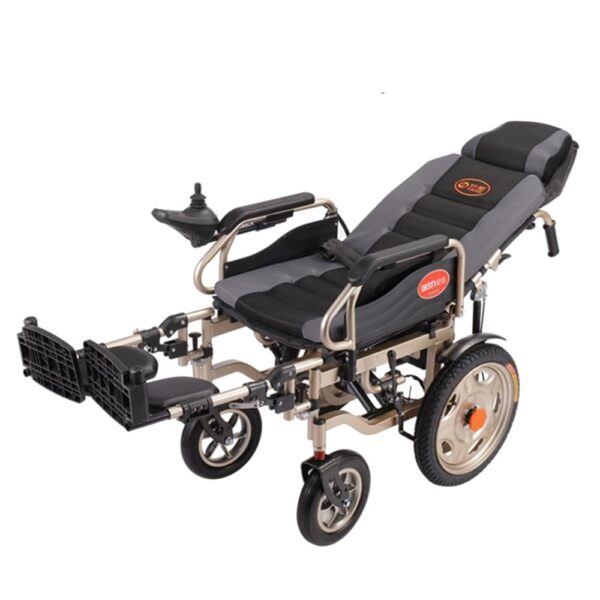 Foldable electric wheelchair with liftable armrests, designed for easy access and portability for elderly users.