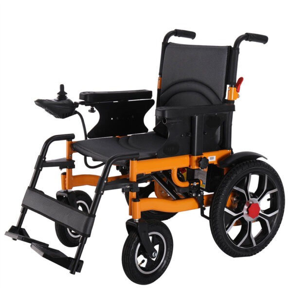 Steel electric wheelchair with military-grade carbon steel frame and dual motors.