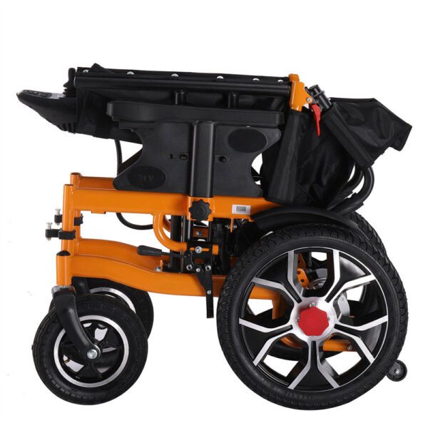 Heavy-duty steel electric wheelchair for elderly in hospital corridor