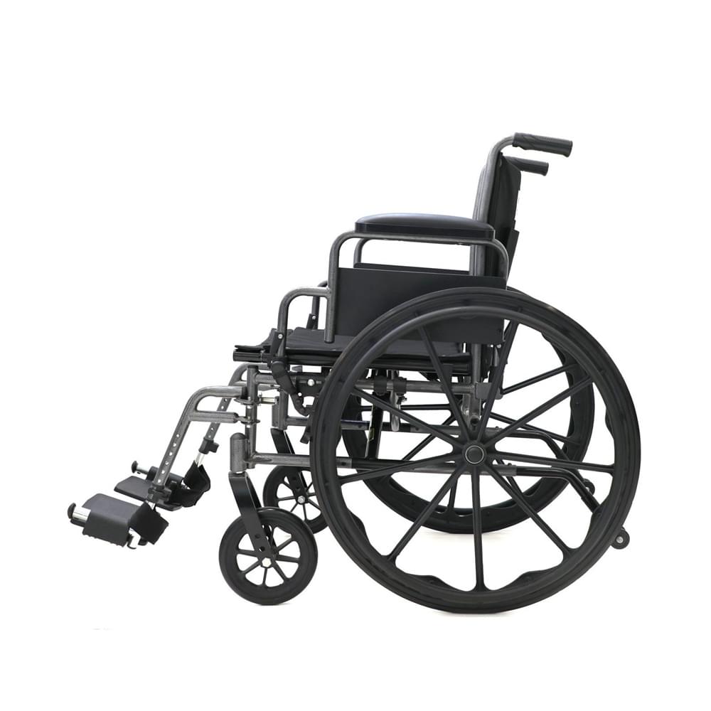 Steel Wheelchair With Quick Release Wheels ST-YK9053 4 A premium manual wheelchair equipped with 24-inch MAG wheels and a flame-retardant nylon seat, offering durability and safety for long-term use.