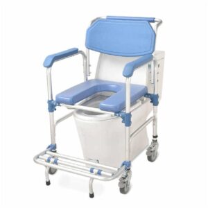 Aluminum commode wheelchair positioned over a standard toilet (