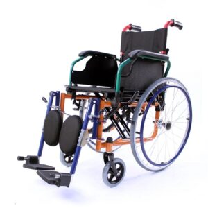 FDA-cleared pediatric wheelchair with ISO 13485 certification displayed in hospital setting, showing adjustable leg rests and safety harness