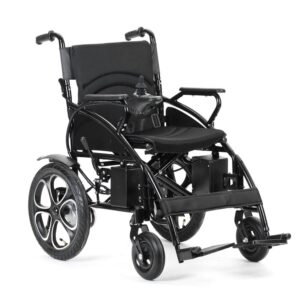 ST-W5231 folding electric wheelchair with 130kg capacity, dual motor system, and travel-ready folding design. Durable, easy to transport, ideal for distributors and OEM partners.
