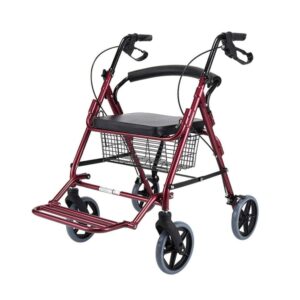 This Rollator Walker from a leading China rollator walker manufacturer. Aluminum frame, foldable 4-wheel design with 8-inch wheels, padded seat, adjustable handles, and large basket. Ideal for medical, rehabilitation, and outdoor mobility solutions.