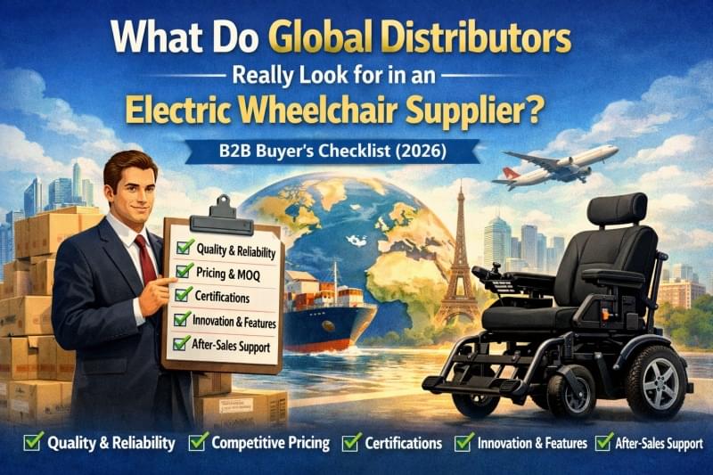 Discover the 9 key factors B2B distributors check before choosing an electric wheelchair supplier. Covers durability, battery, EN12184 compliance, spare parts, and wholesale pricing.