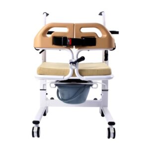 Manual patient transfer chair with commode for elderly care. Adjustable height, safety locks, and 360° wheels. Ideal for home, hospital, and nursing use.