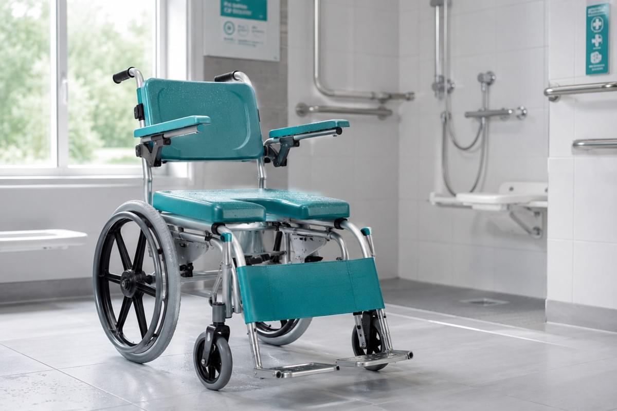 A medical-grade aluminum shower commode wheelchair displayed in a professional healthcare facility bathroom environment, representing CE-MDR Class I compliance and FDA registered medical device standards for institutional procurement