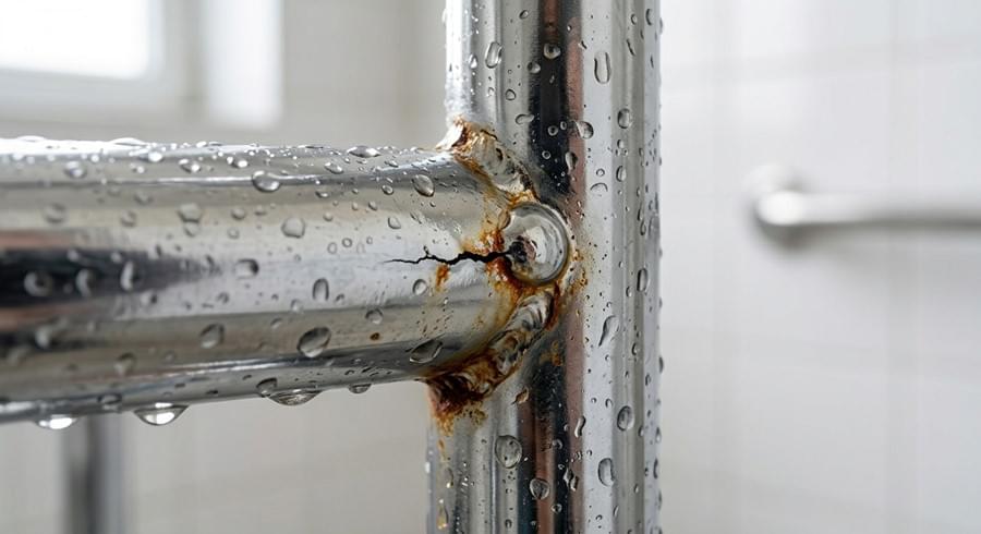 Close-up of under-film creep corrosion forming under electroplated coating on a shower wheelchair steel frame joint