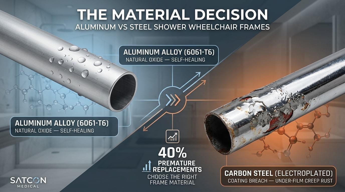 A technical infographic comparing aluminum vs steel shower wheelchair frames, illustrating aluminum's self-healing oxide layer versus carbon steel's subsurface rust creep, detailing lifespan and corrosion resistance for institutional buyers.