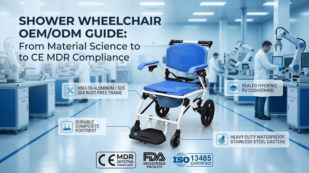 A technical guide banner by Satcon Medical, a professional shower wheelchair OEM manufacturer, showcasing a premium blue mobile commode chair with high-density PU cushion, 6061-T6 aluminum frame, and waterproof casters inside an ISO 13485 certified factory cleanroom.