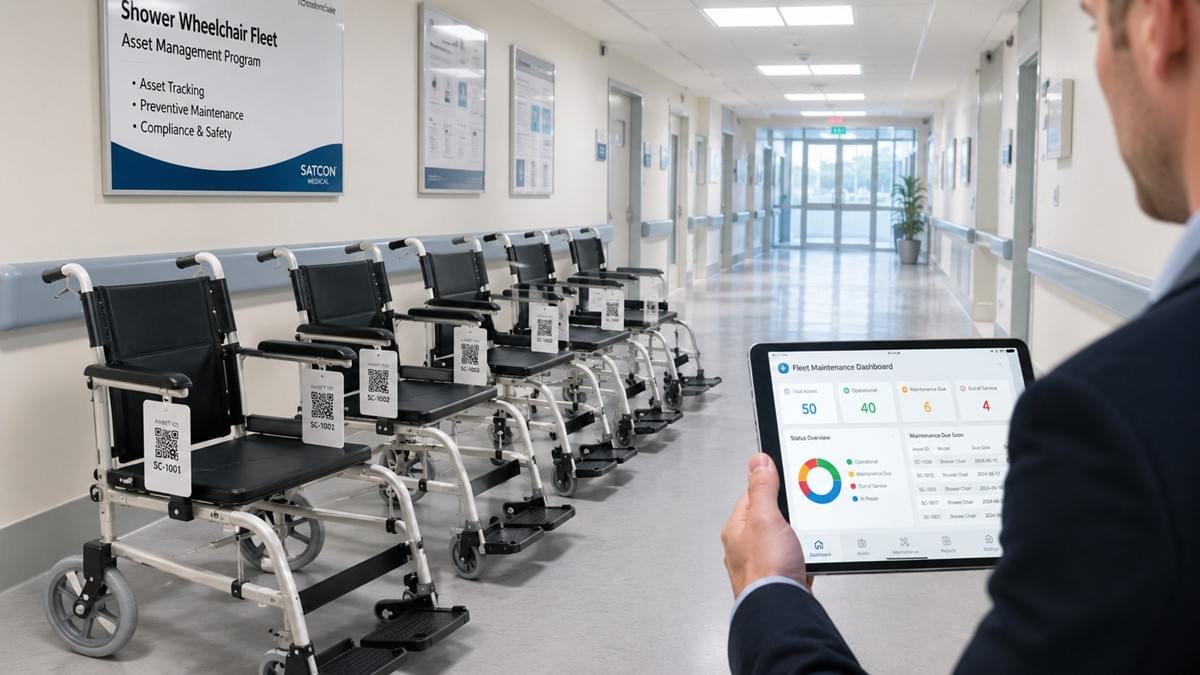 Fleet of shower wheelchairs with asset ID tags in a hospital corridor — shower wheelchair fleet management guide